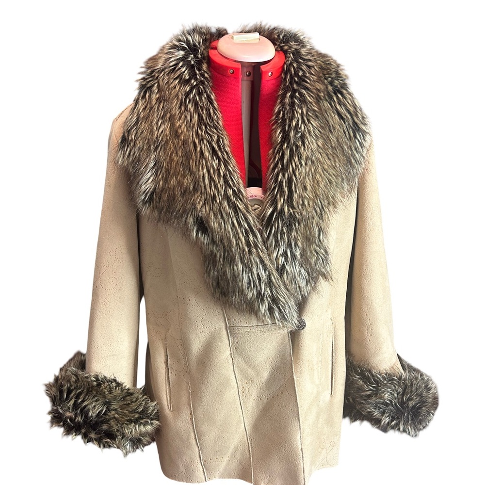 Novelti Faux Fur Trimmed faux suede Beige Coat med